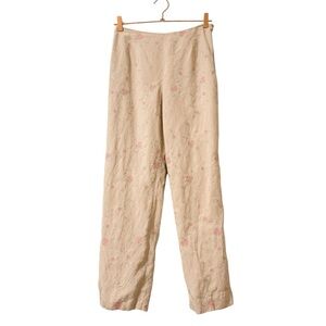 Loft Vintage Beige Floral Embroidered Linen Silk Straight Leg Pants Size 4